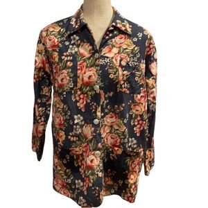 Vtg 90s River art floral jacket women’s sz petite small blue cotton linen blazer